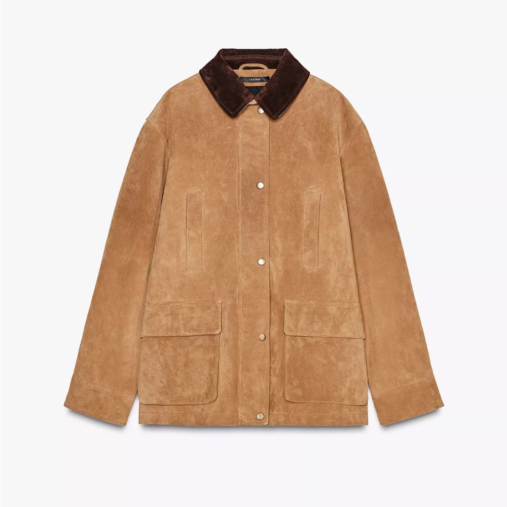 Zara Women’s Viral Camel REAL Suede Barn Jacket with Dark Brown Collar